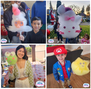 Artsy Cotton Candy - for your events in Los Angeles - mario star cotton candy art - santa claus cotton candy art
